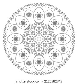 Mandala with Easter eggs and flowers on a white background. Anti-stress coloring book for children and adults. Decorative element for design