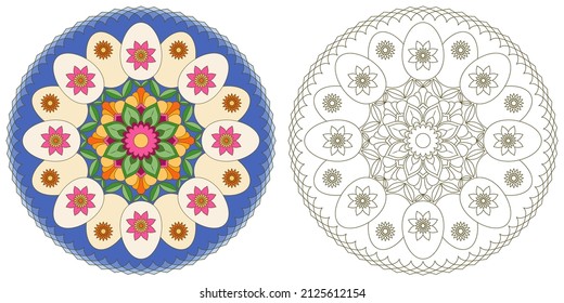 Mandala with Easter eggs and flowers on a white background. Anti-stress coloring book for children and adults. Decorative element for design