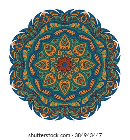 Mandala Eastern pattern. Zentangl round ornament. Brown, blue and green colors