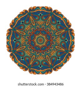 Mandala Eastern pattern. Zentangl round ornament. Brown, blue and green tones