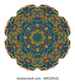 Mandala Eastern pattern. Zentangl round ornament. Orange, blue and green colors