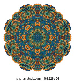 Mandala Eastern pattern. Zentangl round ornament. Orange, blue and green tones