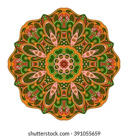 Mandala Eastern pattern. Zentangl round ornament. Orange and green colors