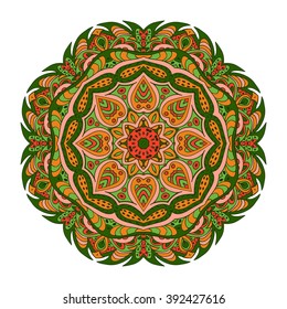 Mandala Eastern pattern. Zentangl round ornament. Green and orange colors