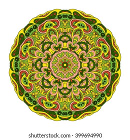 Mandala Eastern pattern. Zentangl round ornament. Yellow, green and rose