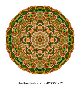 Mandala Eastern pattern. Zentangl round ornament. Orange, green and rose