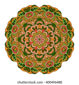 Mandala Eastern pattern. Zentangl round ornament. Orange, pink and green colors