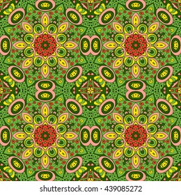 Mandala Eastern pattern. Zentangl seamless ornament. Yellow, rose, green tones