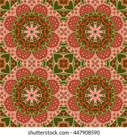 Mandala Eastern pattern. Zentangl seamless ornament. Orange and green tones