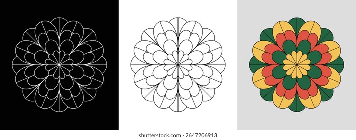 Mandala with elegant camellia petals and vibrant color accents for floral decor.