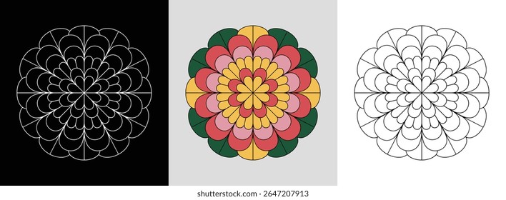 Mandala with elegant camellia petals and vibrant color accents for floral decor.