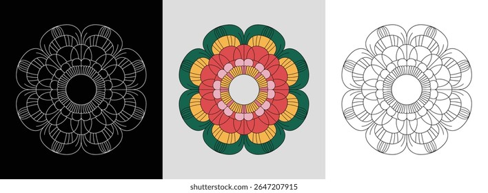 Mandala com elegantes pétalas de camélia e detalhes de cores vibrantes para decoração sofisticada.