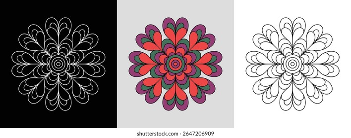 Mandala with elegant tulip swirl petals and dynamic bright colors for floral decor.