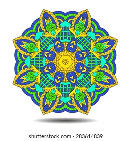 Mandala element. Colorful symmetric zentangle. Vector illustration. Abstract doodle background. Good for cards, invitations, presentations, party, bag, t-shirt, marketing materials. Indian east style.