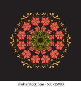 Mandala - element for embroidery. Floral ornament in vintage style on a black background. Stock vector illustration.
