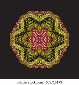 Mandala - element for embroidery. Floral ornament in vintage style on a black background. Stock vector illustration.