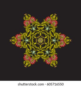 Mandala - element for embroidery. Floral ornament in vintage style on a black background. Stock vector illustration.