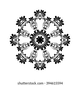 Mandala element with flower. Ethnic ornamental mandala isolated on white, can be used for wallpaper interior design.Black mono color lacy rosette.