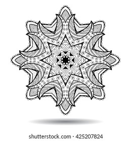 Mandala element. Symmetric zentangle. Abstract doodle background. Good for cards, invitations, party, bag, t-shirt, marketing materials. Indian east style. Coloring round ornament. Vector illustration