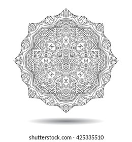 Mandala element. Symmetric zentangle. Abstract doodle background. Good for cards, invitations, party, bag, t-shirt, marketing materials. Indian east style. Coloring round ornament. Vector illustration