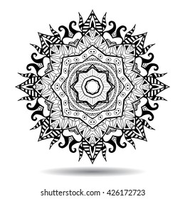 Mandala element. Symmetric zentangle. Abstract doodle background. Good for cards, invitations, party, bag, t-shirt, marketing materials. Indian east style. Coloring round ornament. Vector illustration