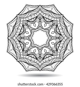 Mandala element. Symmetric zentangle. Abstract doodle background. Good for cards, invitations, party, bag, t-shirt, marketing materials. Indian east style. Coloring round ornament. Vector illustration