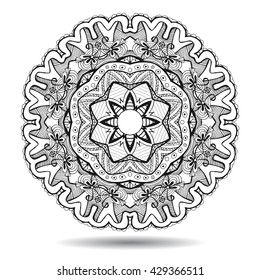 Mandala element. Symmetric zentangle. Abstract doodle background. Good for cards, invitations, party, bag, t-shirt, marketing materials. Indian east style. Coloring round ornament. Vector illustration