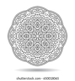 Mandala element. Symmetric zentangle. Black vector illustration. Abstract doodle background. Good for cards, invitations, presentations, party, bag, t-shirt, marketing materials. Indian east style.
