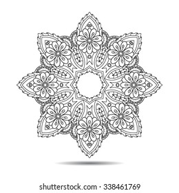 Mandala element. Symmetric zentangle. Vector illustration. Abstract doodle background. Good for cards, invitations, presentations, party, bag, t-shirt, marketing materials. Indian east style.