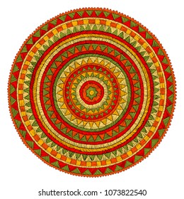 Mandala - embroidered circular ornament. Handmade. Red, orange, green and yellow colors. Vector illustration.