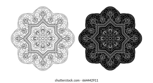 Mandala. Ethnic Amulet. Black and white decorative element, round ornamental geometric doily pattern.