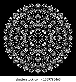 Mandala ethnic Australian dot paiting style - monochrome vector design, Aboriginal traditional decorative pattern, Australian mosaic art in white on black background. 
