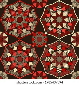 Mandala. Ethnic mandala with colorful tribal ornaments. Seamless pattern. Design with manual hatching. Vector illustration for web design or print.