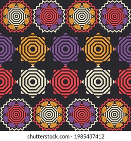 Mandala. Ethnic mandala with colorful tribal ornaments. Seamless pattern. Design with manual hatching. Vector illustration for web design or print.