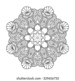 Mandala. Ethnic decorative element. Hand drawn backdrop. Islam, Arabic, Indian, ottoman motifs. Boho style. Mono color black line art for adult coloring book page design.