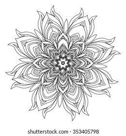 Mandala. Ethnic decorative element. Hand drawn backdrop. Islam, Arabic, Indian, ottoman motifs. Boho style. Mono color black line art for adult coloring book page design.