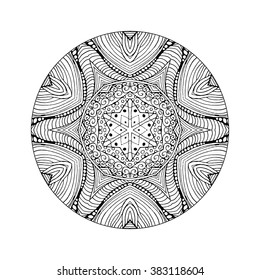 Mandala. Ethnic decorative element. Hand drawn backdrop. Islam, Arabic, Indian, ottoman motifs. Boho style. Mono color black line art for adult coloring book page design.