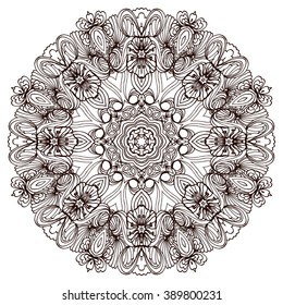 Mandala. Ethnic decorative element. Hand drawn backdrop. Islam, Arabic, Indian, ottoman motifs. Boho style. Mono color black line art for adult coloring book page design.