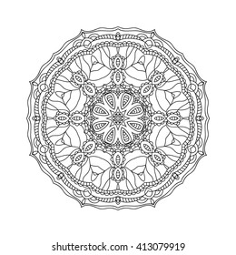 Mandala. Ethnic decorative elements. Hand drawn background. Islam, Arabic, Indian, ottoman motifs. Vintage decorative elements. Oriental pattern. Monochrome contour mandala. Zentangle.