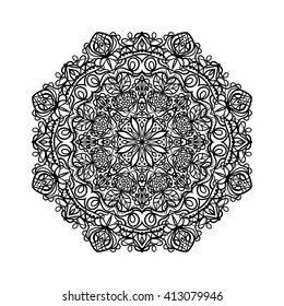 Mandala. Ethnic decorative elements. Hand drawn background. Islam, Arabic, Indian, ottoman motifs. Vintage decorative elements. Oriental pattern. Monochrome contour mandala. Zentangle.