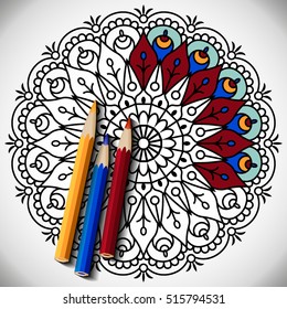 Mandala. Ethnic decorative elements. Hand drawn background. Islam, Arabic, Indian, ottoman motifs. Pencils for coloring