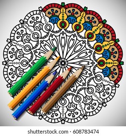 Mandala. Ethnic decorative elements. Hand drawn background. Islam, Arabic, Indian, ottoman motifs. Pencils for coloring