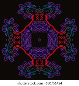 Mandala. ethnic decorative elements symmetrical abstract pattern in Arabian style. Pink and blue texture on black background.