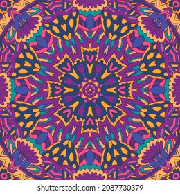 Mandala ethnic festival art seamless pattern. Vector geometric carnival indian style print. Colorful psychedelic kaleidoscopic background texture