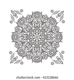 Mandala with ethnic floral doodle pattern. Coloring page - zendala, design for spiritual relaxation for adults, vector illustration, isolated on a white background. Zen doodles.