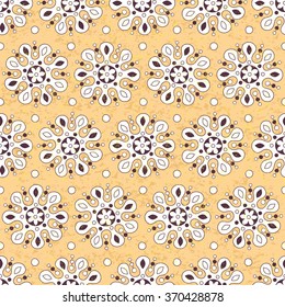 Mandala ethnic tribal seamless pattern on yellow background with grunge effect. African, Arabian, Indian, ottoman, Moroccan motifs. Vector