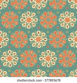 Mandala ethnic tribal seamless pattern on teal background. Vector