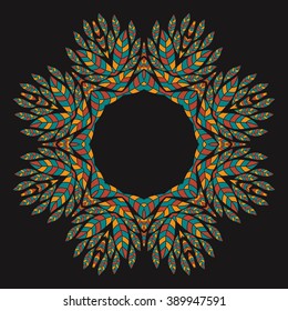 Mandala. Ethnicity round ornament on the black background.Elements for invitation card. Oriental circular pattern. Cards,brochures,covers. Arabic, Islamic,asian, indian native african motifs.