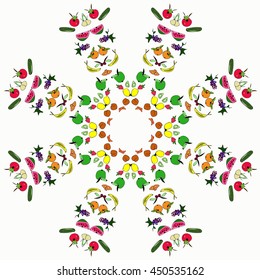 Mandala. Exotic Fruits Pattern.vector illustration, hand drawn pencil. Apple, pear, orange. Lace. Zen art.Good to use as a first page of brochure. 