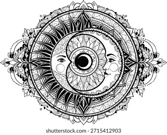 Ilustración vectorial de silueta de círculo de ojo de mandala para símbolos de visión espiritual y arte geométrico místico.